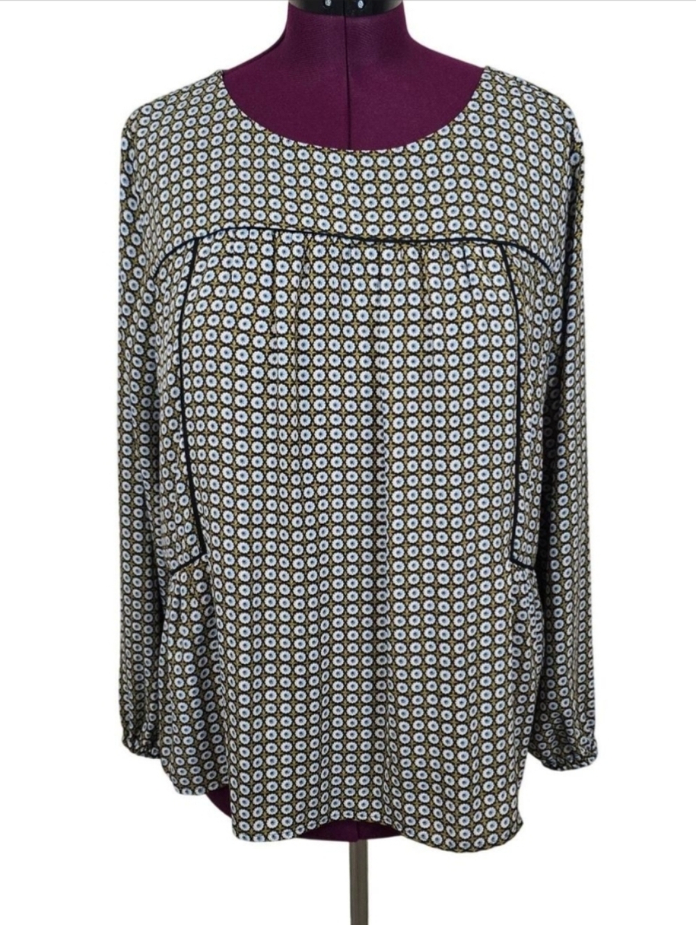 Loft Green Blue Floral Geometric Ikat Yoked Blouse Top Large